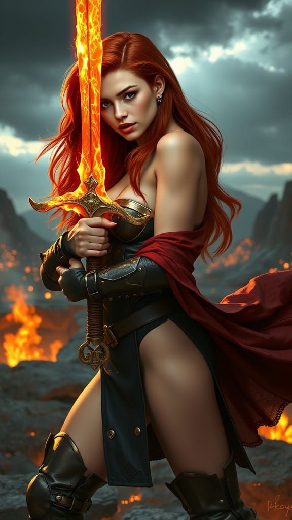 Female Warrior with Flaming Sword in Fantasy Battlefield