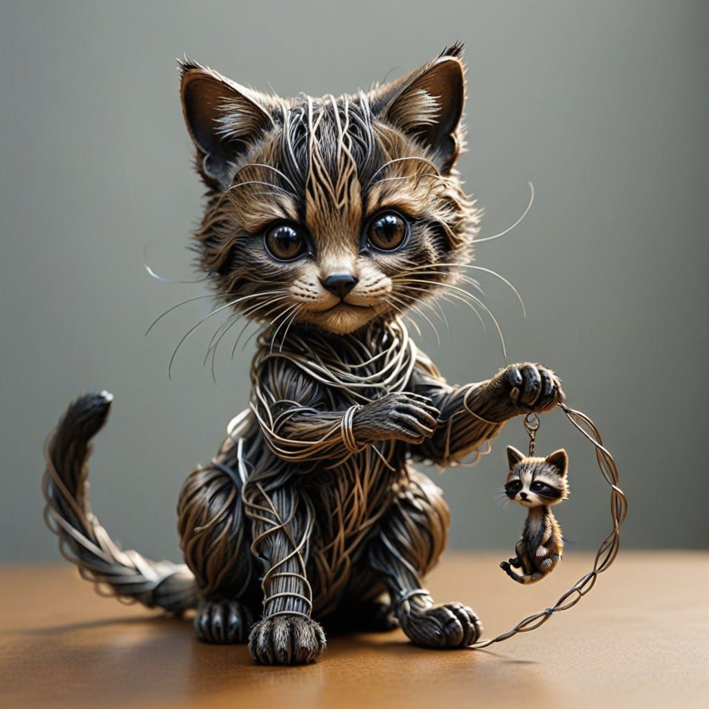 Futuristic Wire Kitten Playing with Raccoon