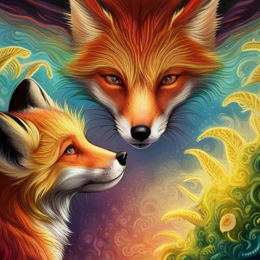 Golden Foxes Nuzzle Under Rainbow: Hyperrealistic Splash Art