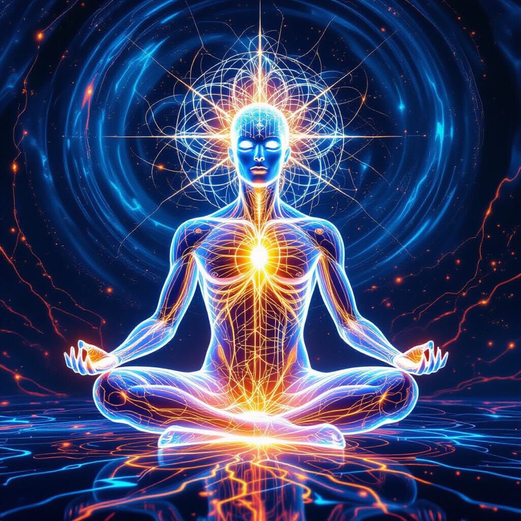 Glowing Humanoid in Meditative Pose with Fractal Patterns