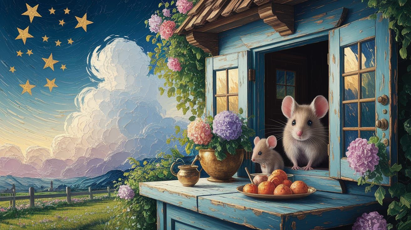 Dreamlike Country Kitchen Scene with Mouse Family in Oil Pai...