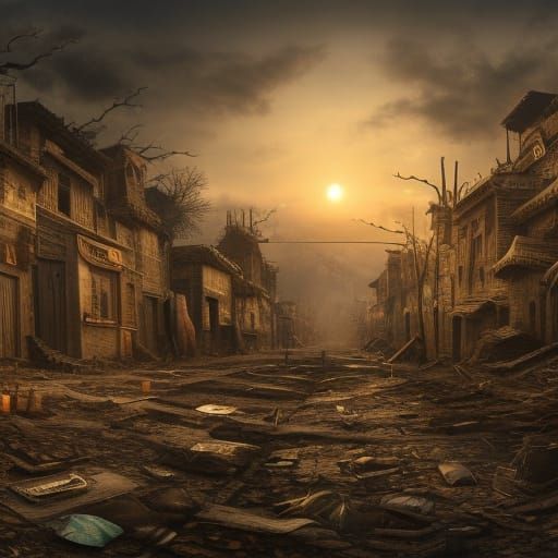Deserted Town with Corpses: Detailed Matte Painting