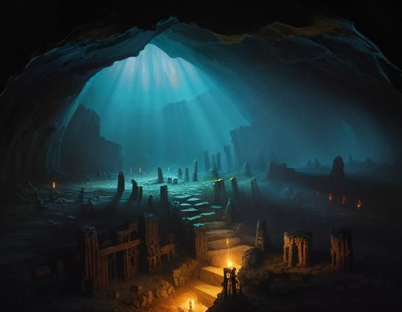 Mystical Cave Interior with Ancient Carvings