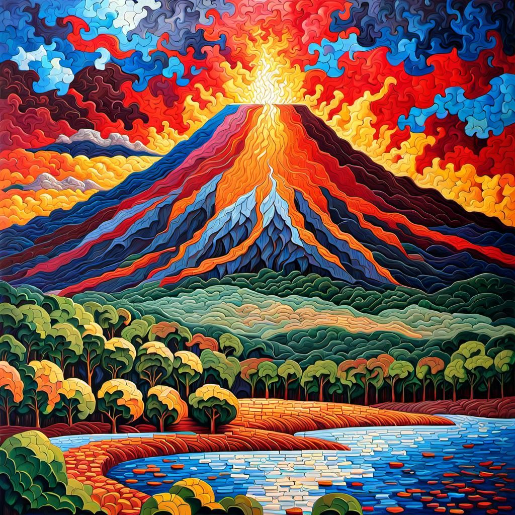 Riverscape Volcano Jigsaw in Expressionist Impasto Style