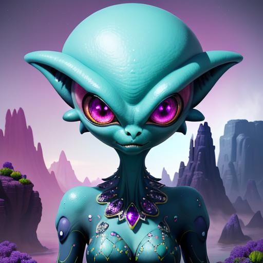 Cute Alien Girl in Cartoon Style with Gems