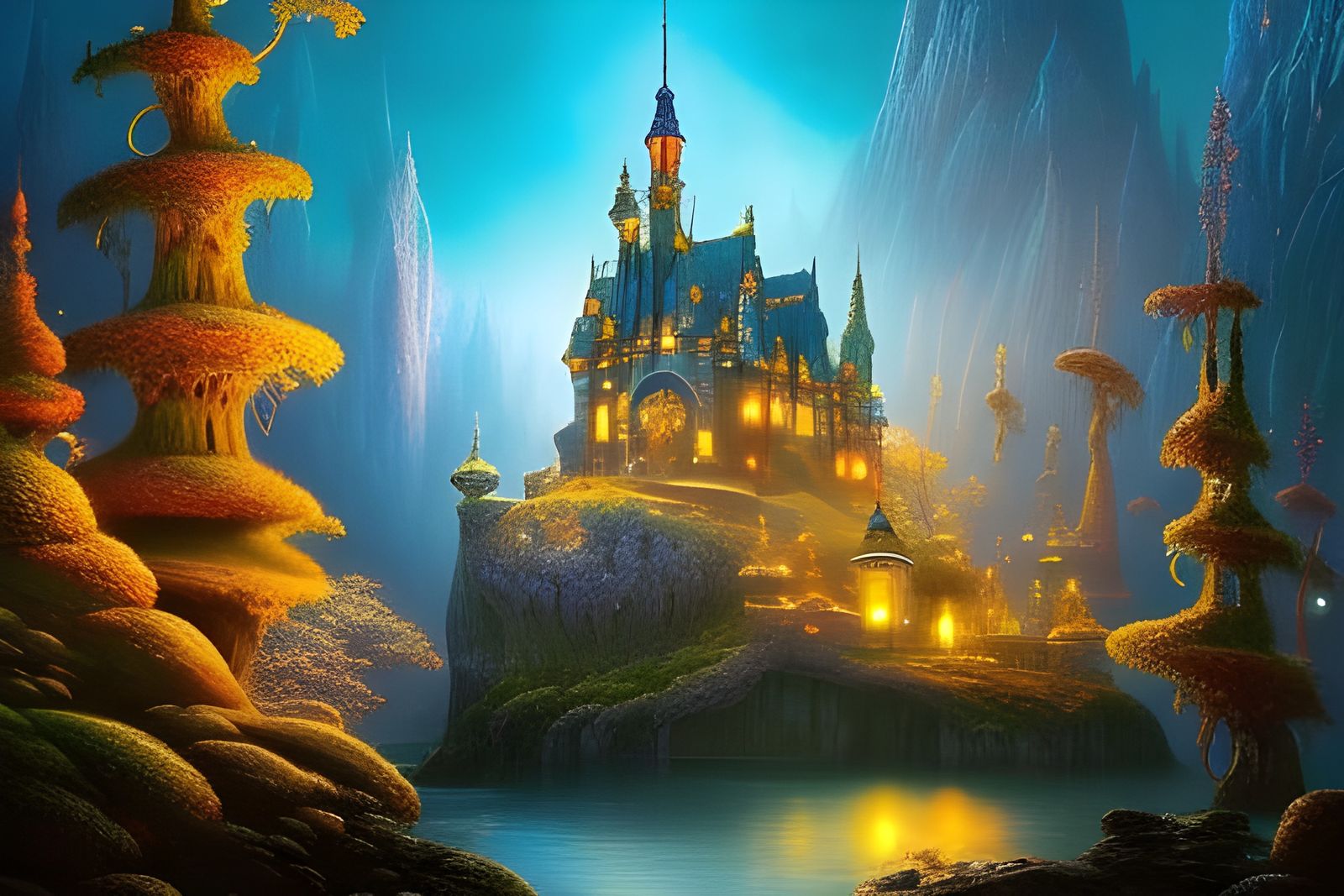 Gothic Fantasy Castle Amidst a Whimsical Winter Wonderland