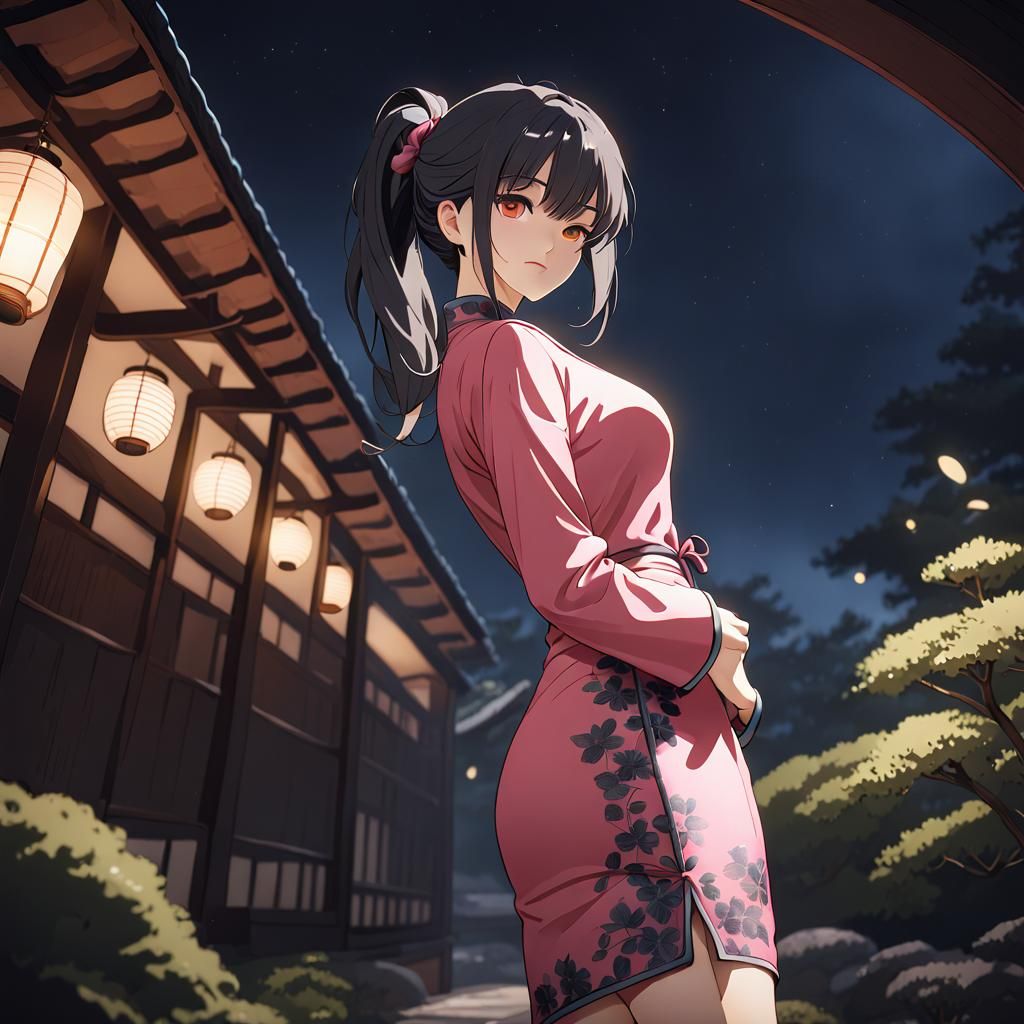 Girl in Qipao Dress in Japanese Garden at Night