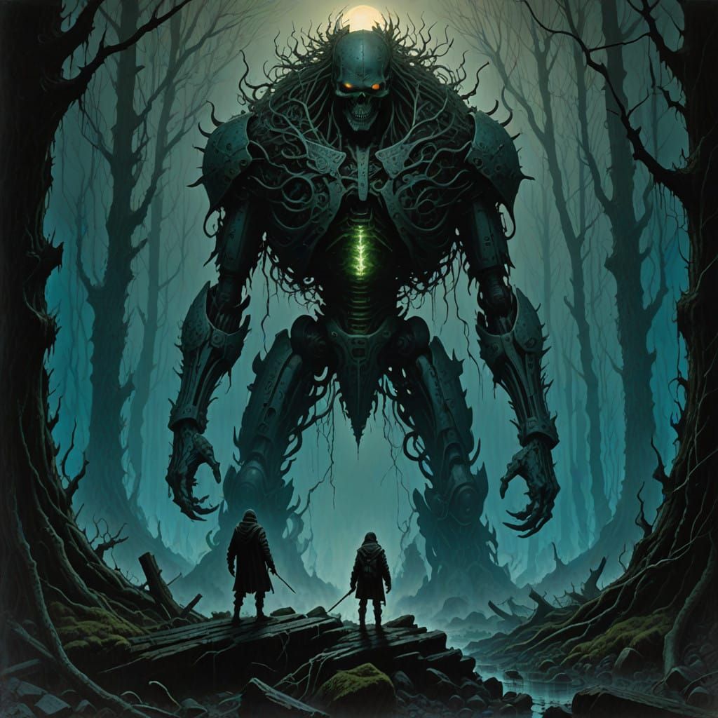 Cyberpunk Guillotine Blade in Dark, Misty Forest