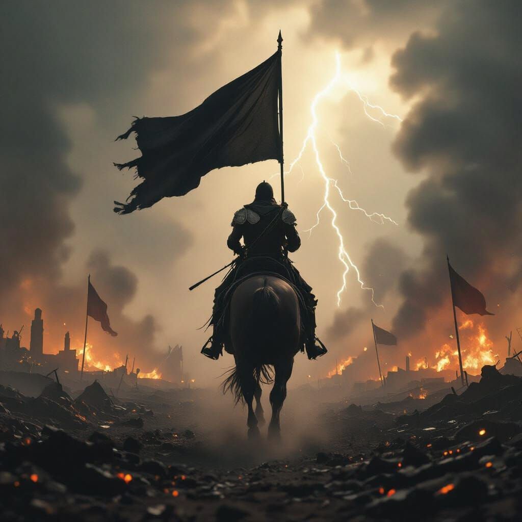 Lone Horseman on Devastated Battlefield with Black Flag