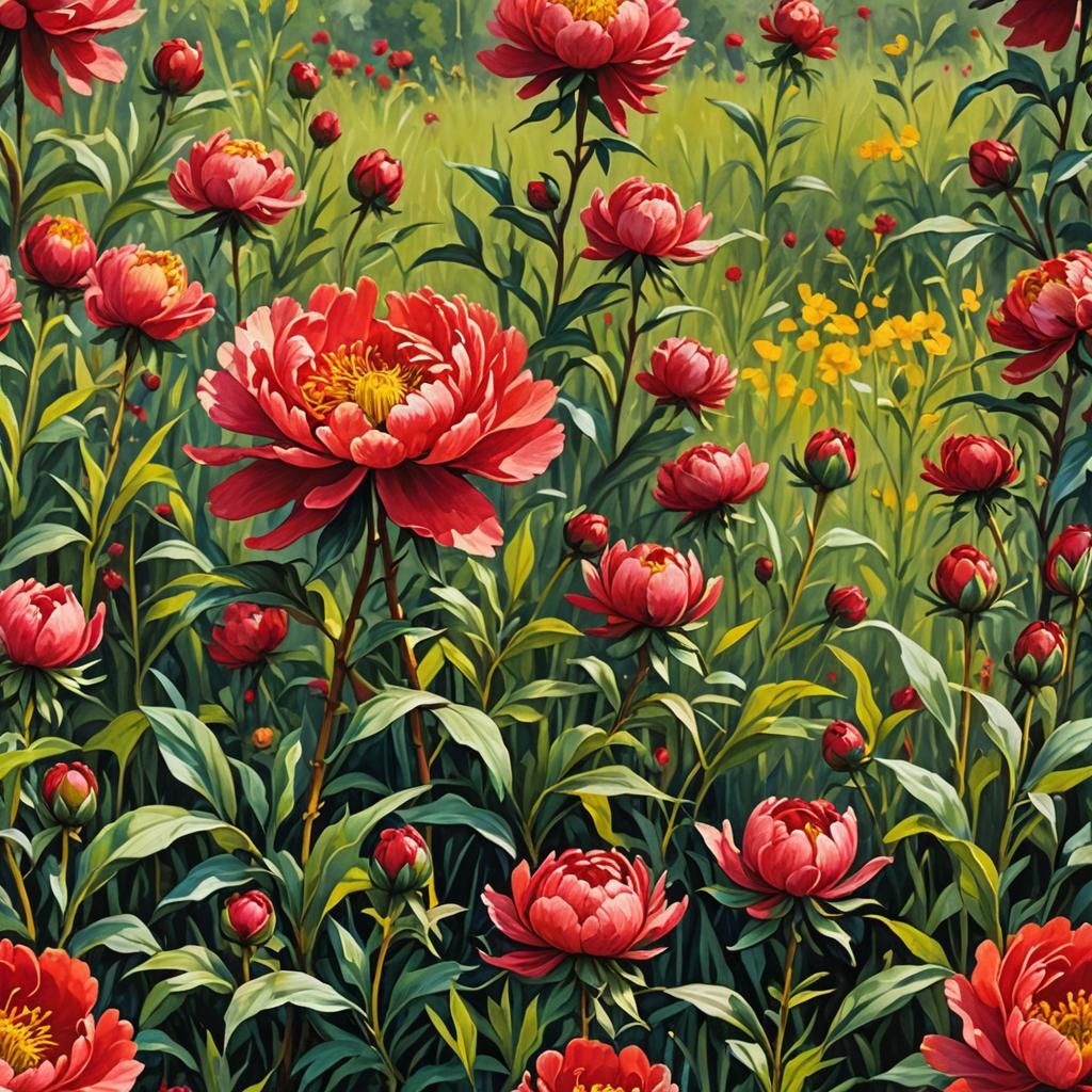 Red and Yellow Peonies in Impressionist Gouache Style