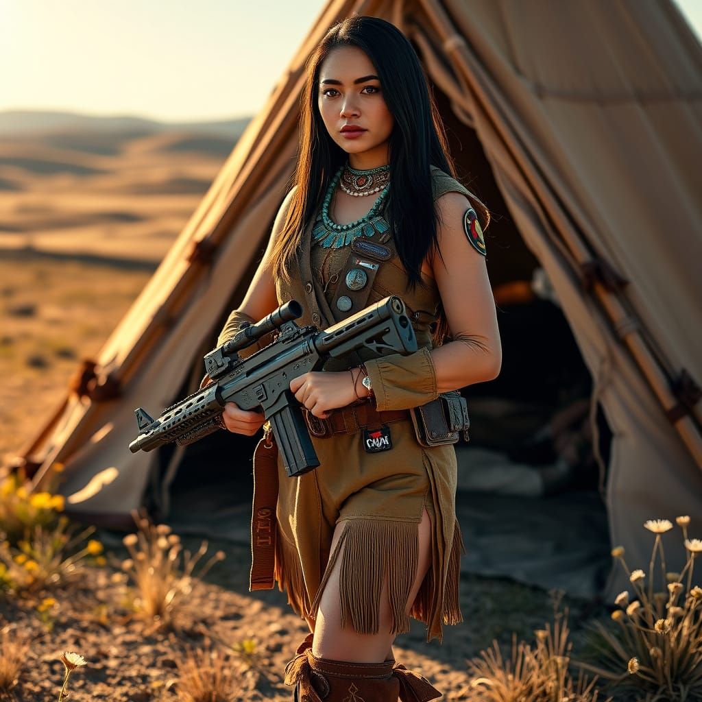 Native American Warrior in Futuristic Uniform with Turquoise...