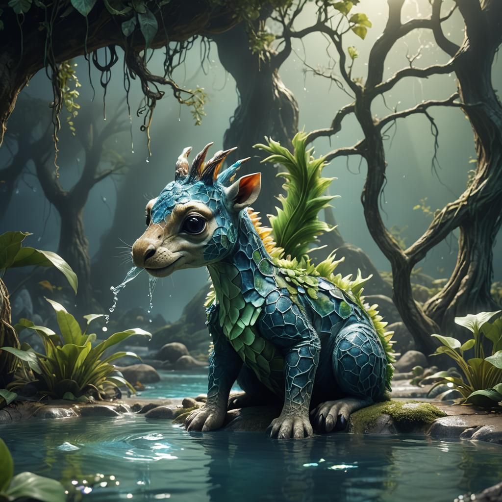 Cute Realistic Water Giraffe-Squirrel Monster in Fantasy Art