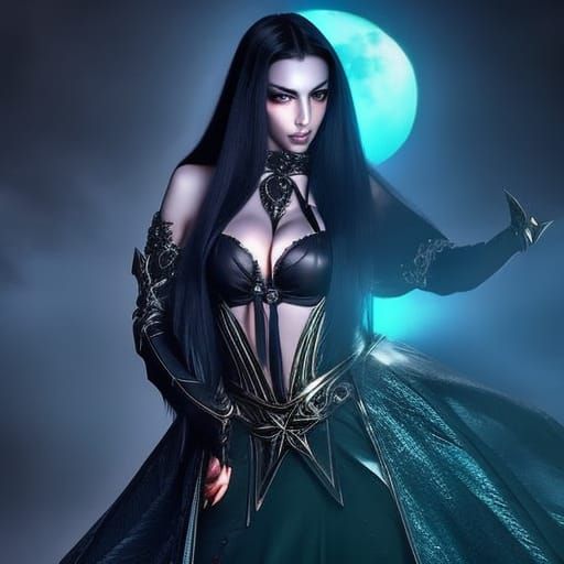 Beautiful Vampire Queen in Moonlit Gothic Landscape