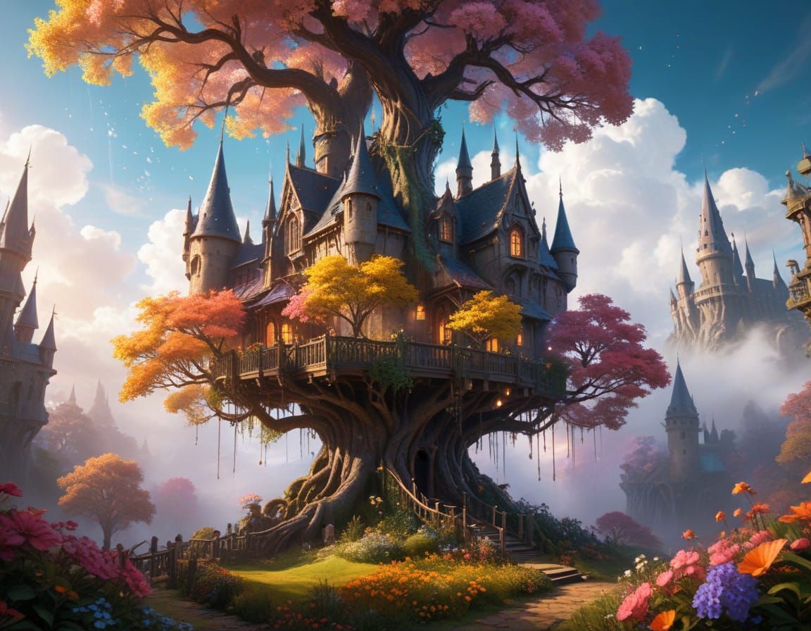 Vibrant Hogwarts Treehouse in Whimsical Fantasy Style