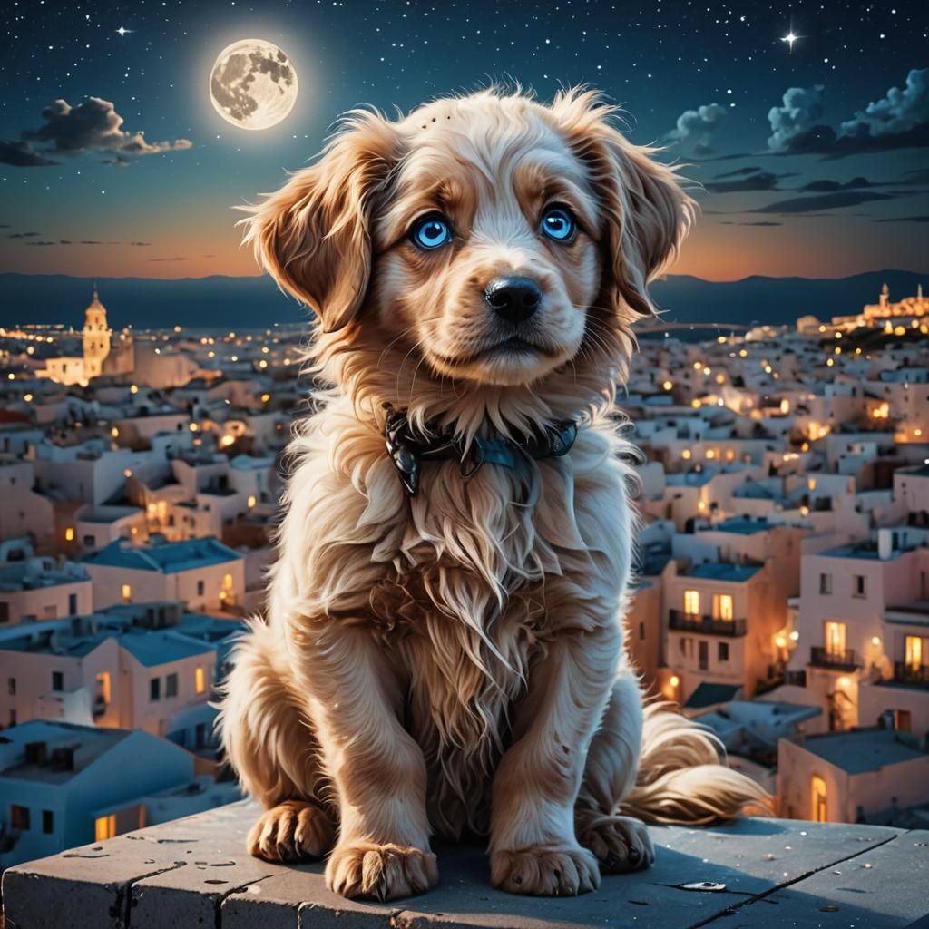 Cute Puppy on Ibiza Rooftop Under Starry Sky
