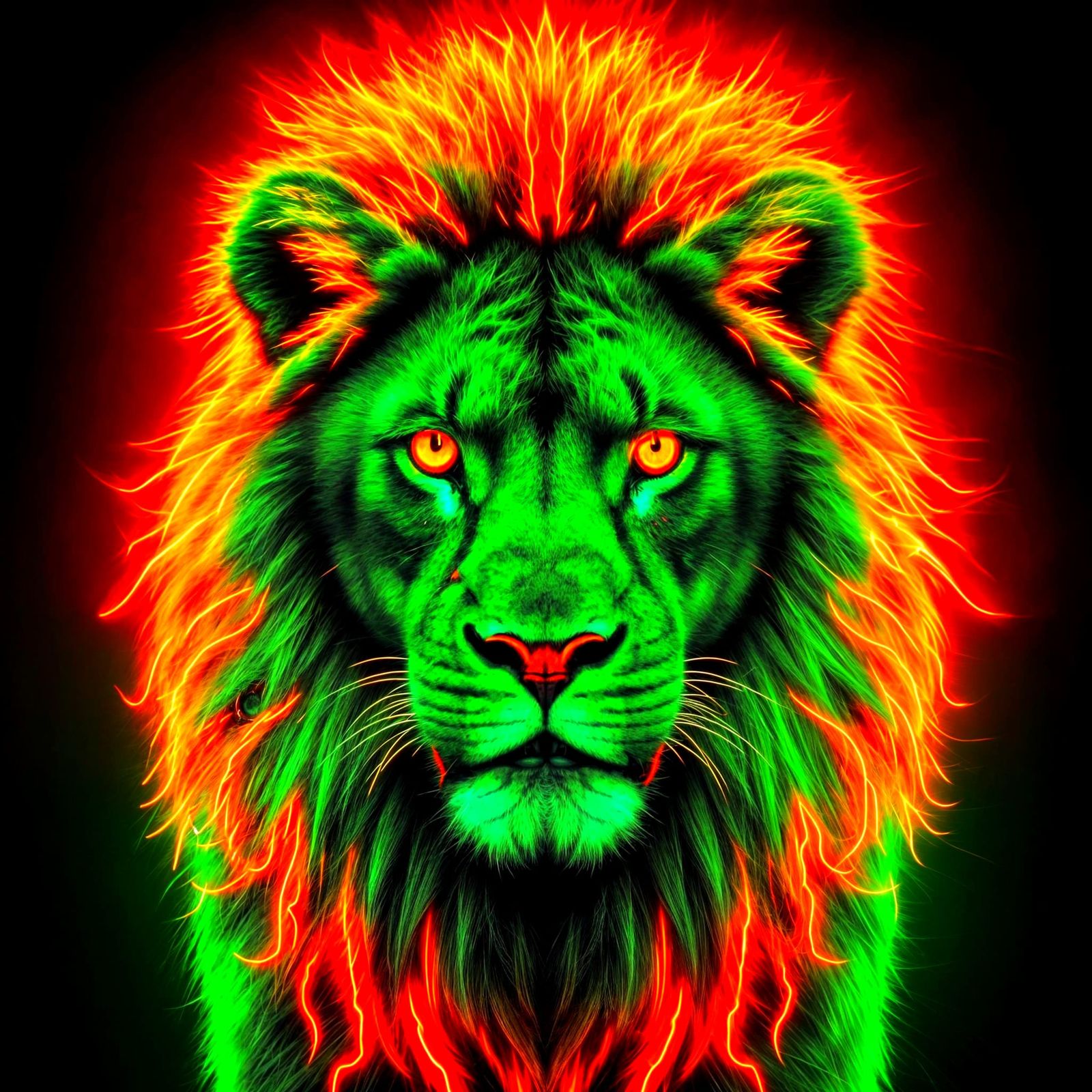Neon Lightning Lion Portrait in 80s Retro Style