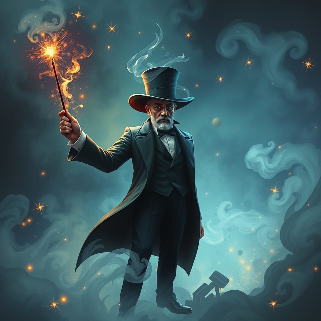 Mysterious Magician Amidst Swirling Mist and Sparks