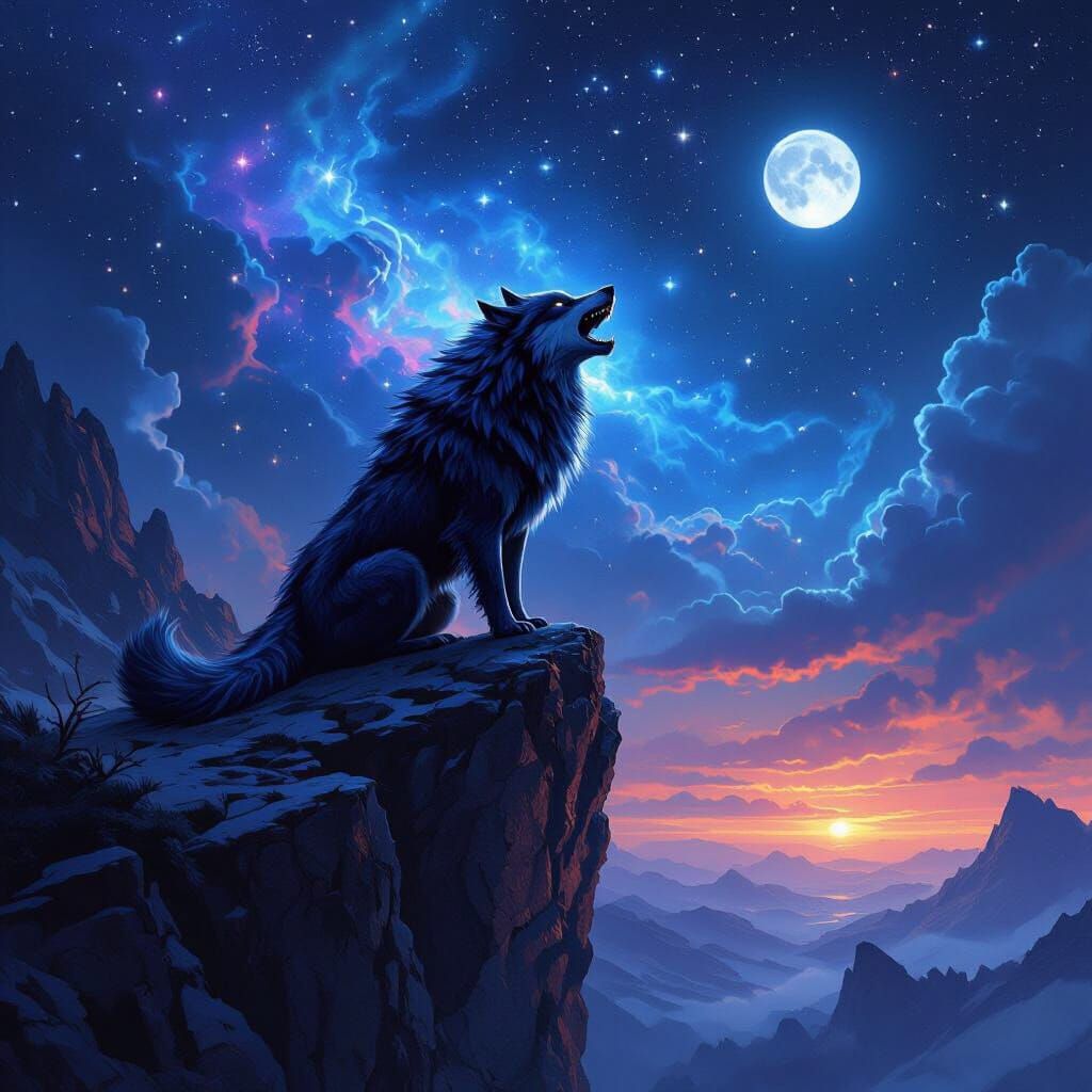 Wolf Dragon Hybrid Roaring Under Starry Night Sky