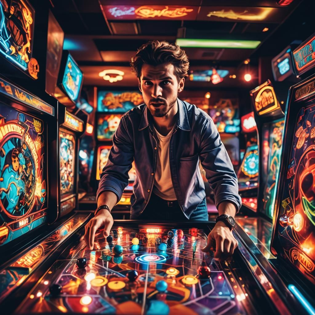 Intense Pinball Player in Vibrant Arcade