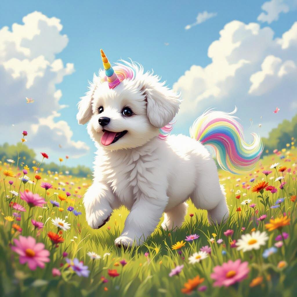 Fluffy Puppy Unicorn in Wildflower Field