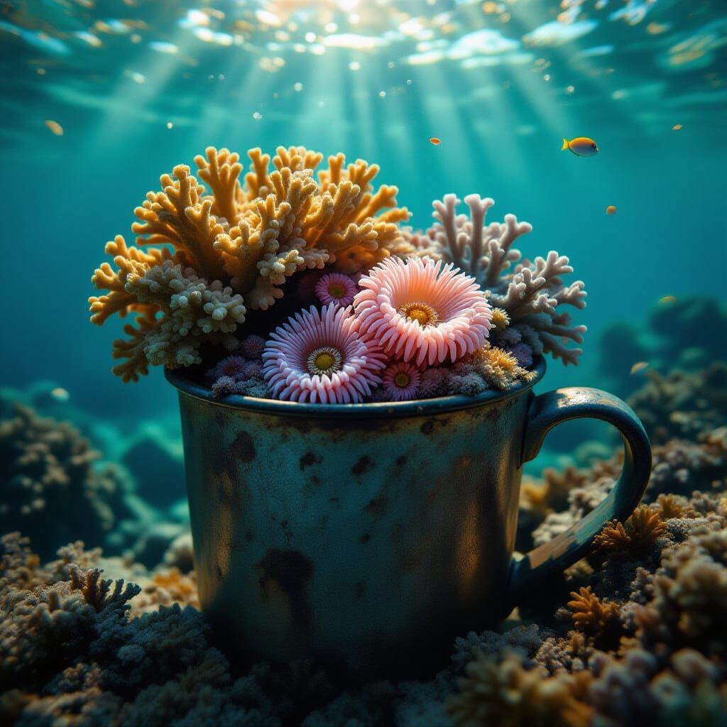 Underwater Coral Reef in Metal Cup: Photorealistic Scene