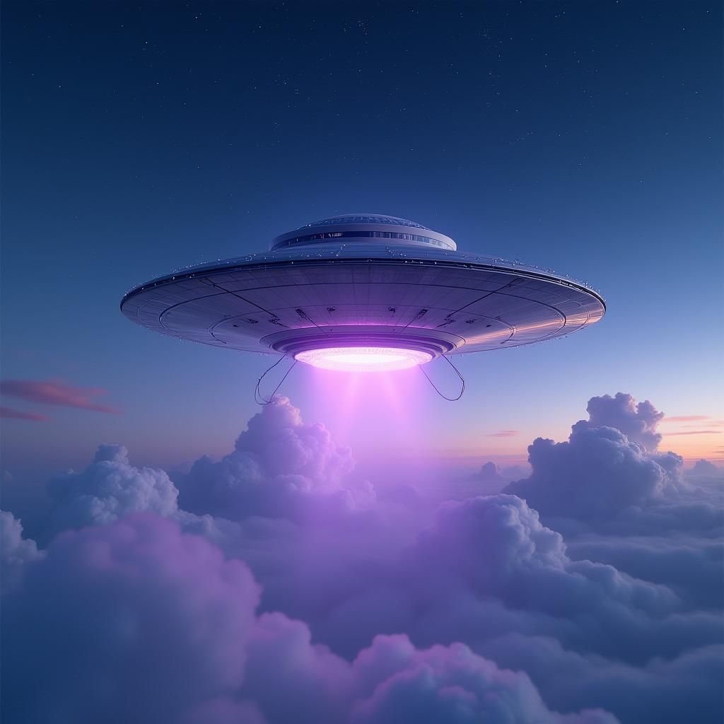 Flying Saucer Descending at Dusk in Futuristic Style