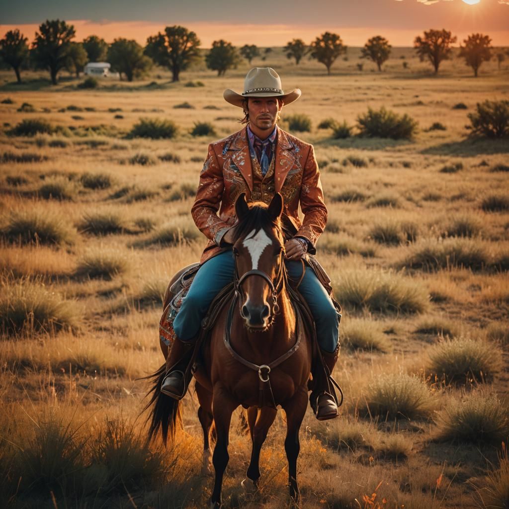 Man on Horseback in Prairie Sunset, Cinematic Film Still