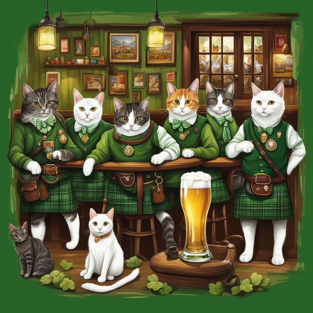 Cats Celebrate St. Patrick's Day in Irish Pub