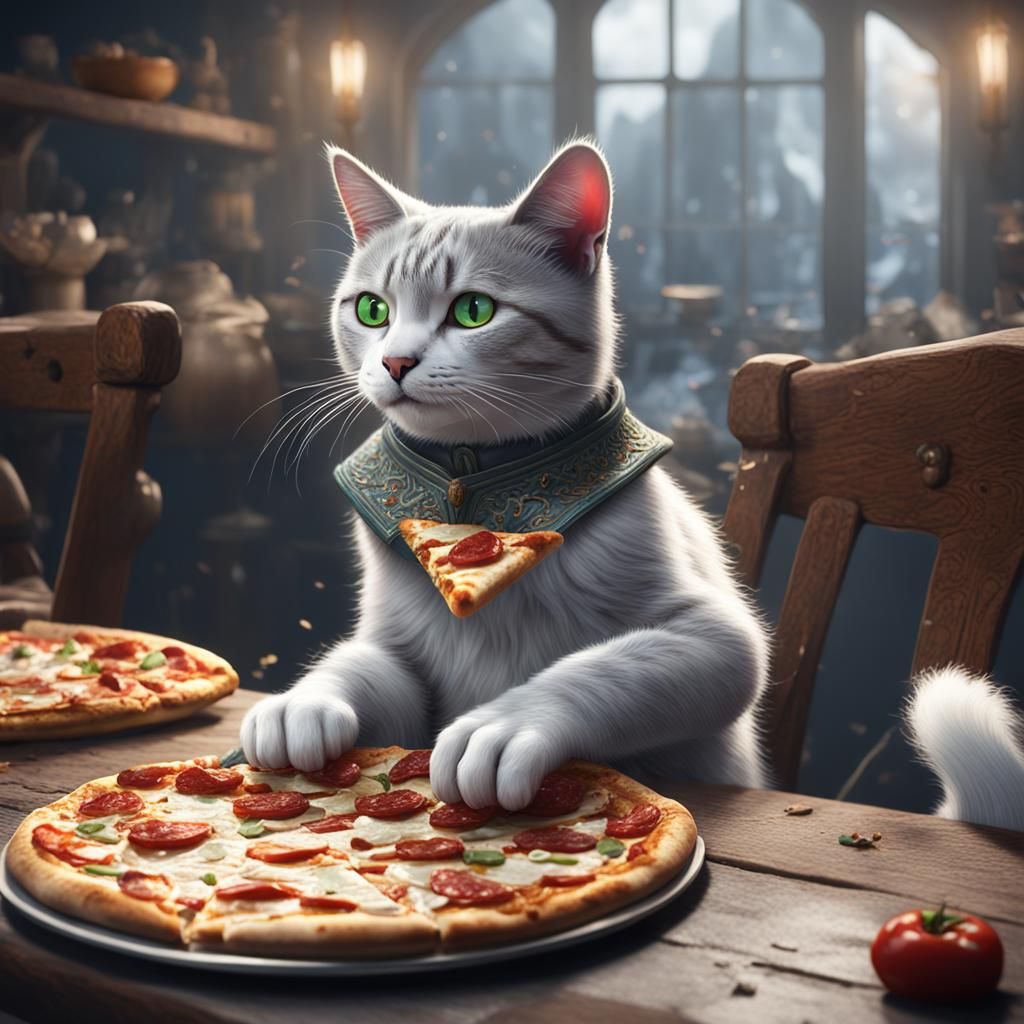 Cat Named Houdini Enjoys Pizza: Detailed Digital Art