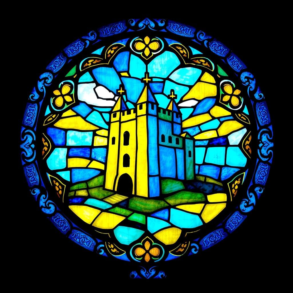 Blue and Yellow Stained Glass Round Castle