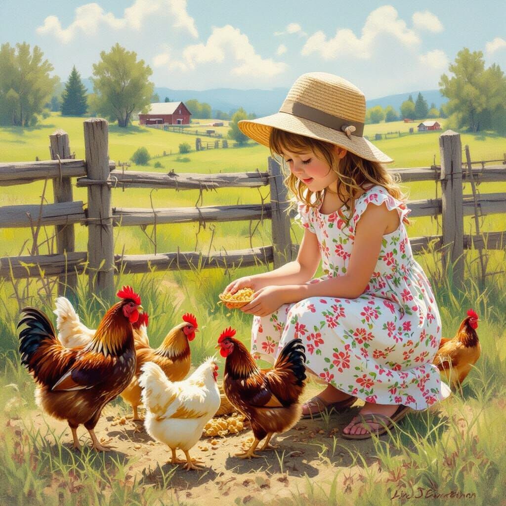 Girl Feeding Chickens on Sunny Farm