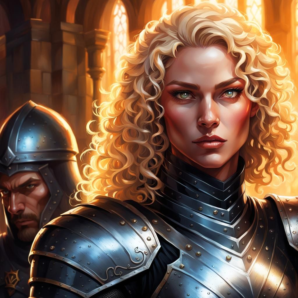 Armored Woman Portrait in Detailed Medieval Training Room