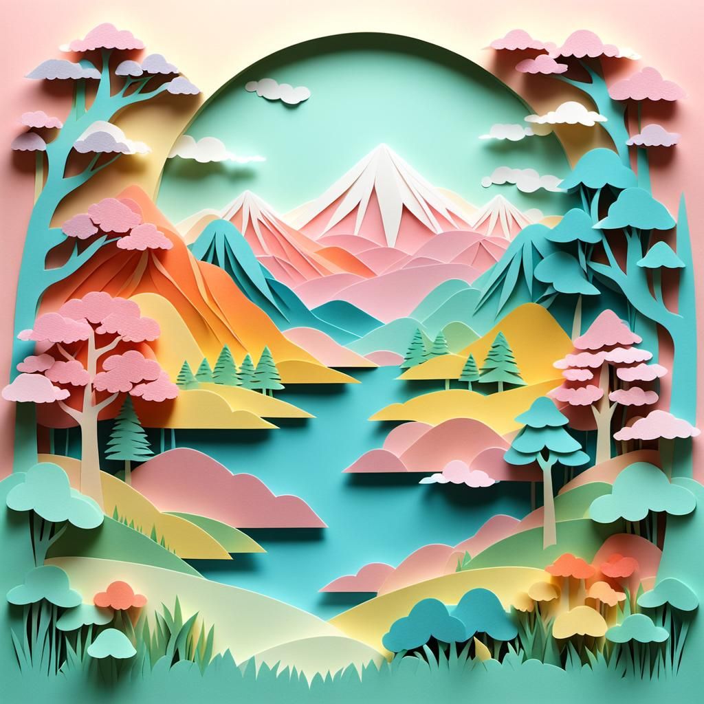 Kirigami Paper Landscape in Pastel Colors