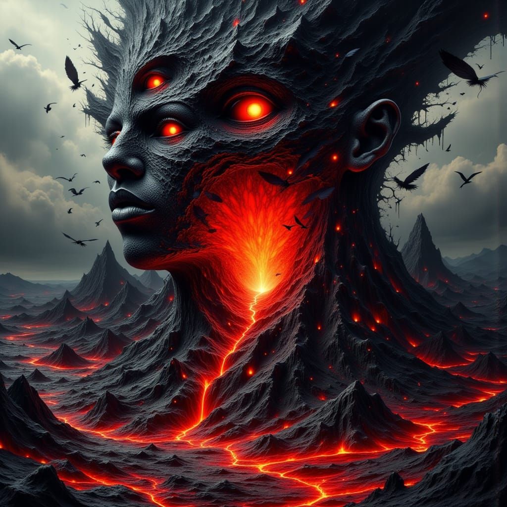 Surreal Volcano Eruption of Feathers and Crimson