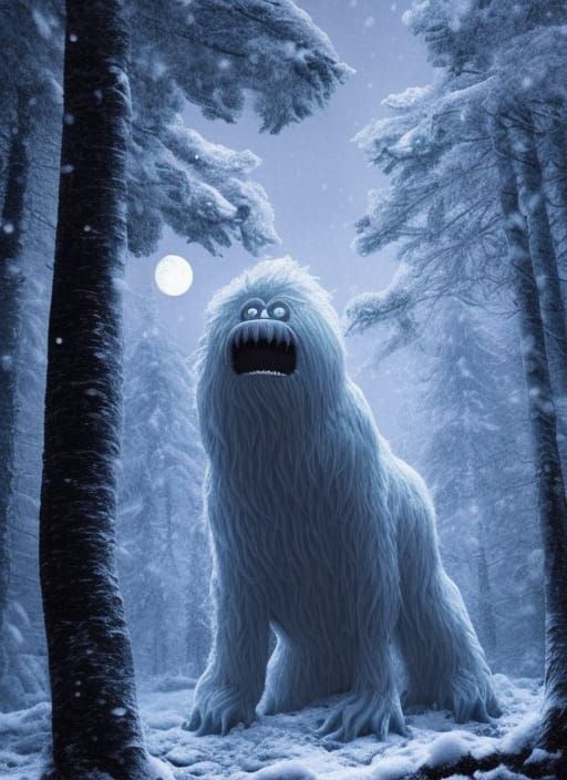 Hairy Snow Monster in Dark Forest Digital Painting