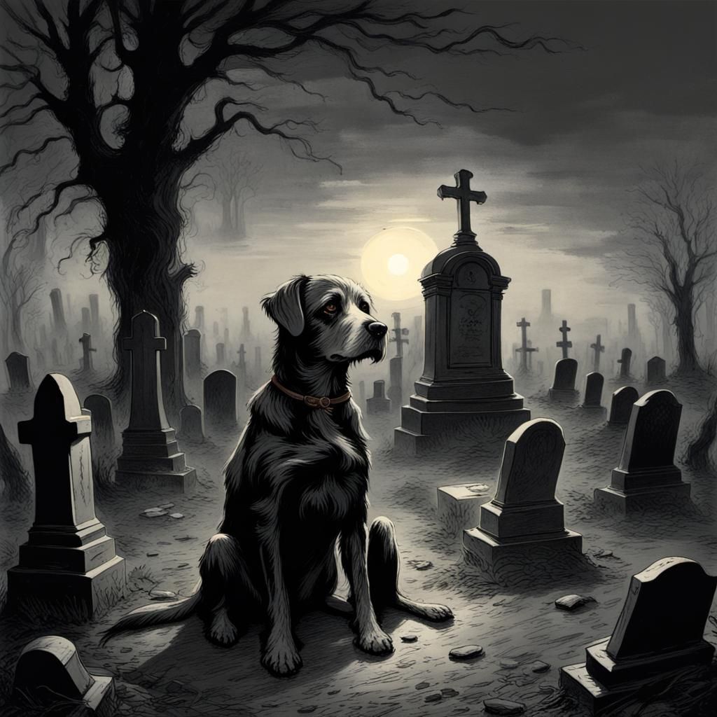 Eerie Dog in Graveyard: Horror Art
