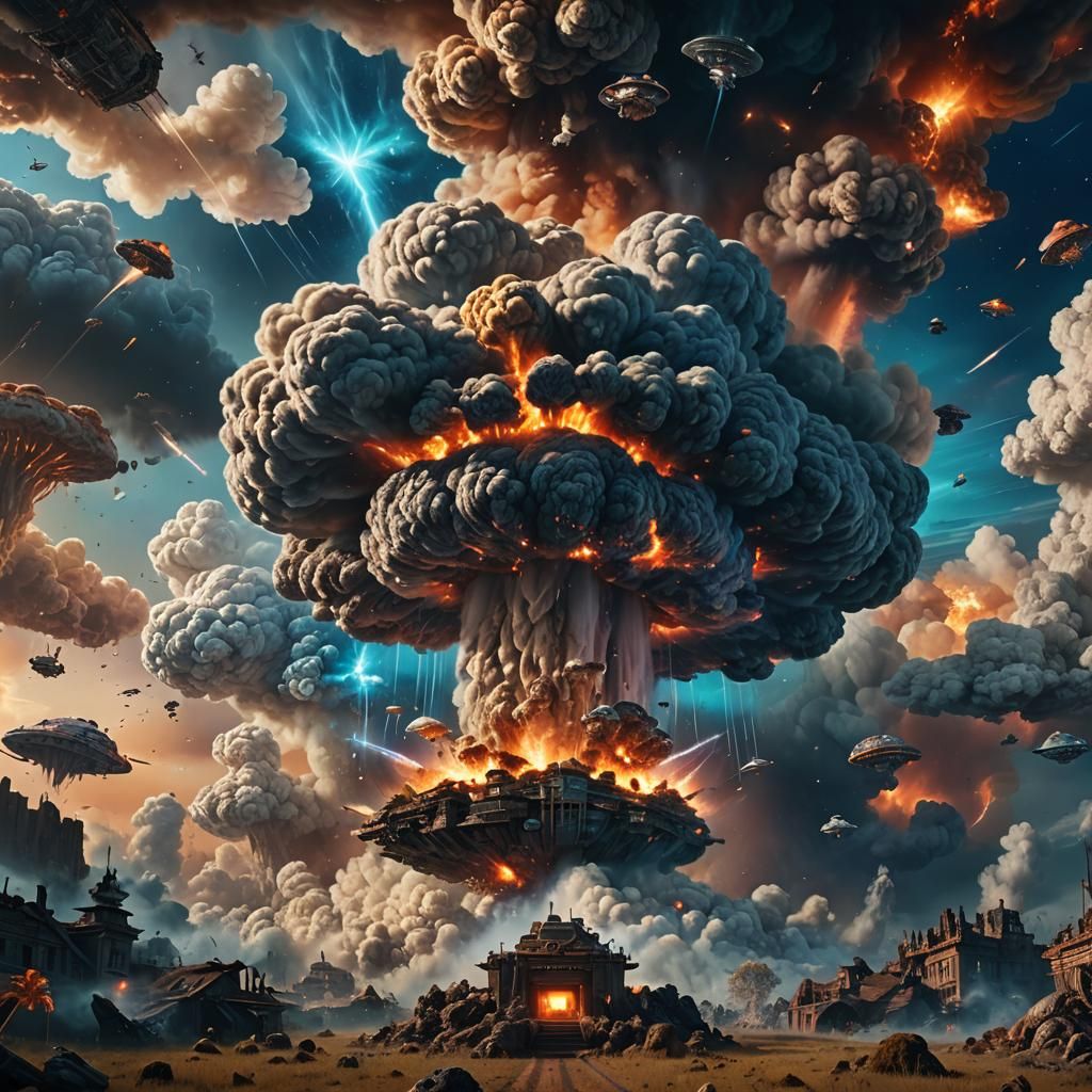 Animals in Space Confront Mushroom Cloud Chest