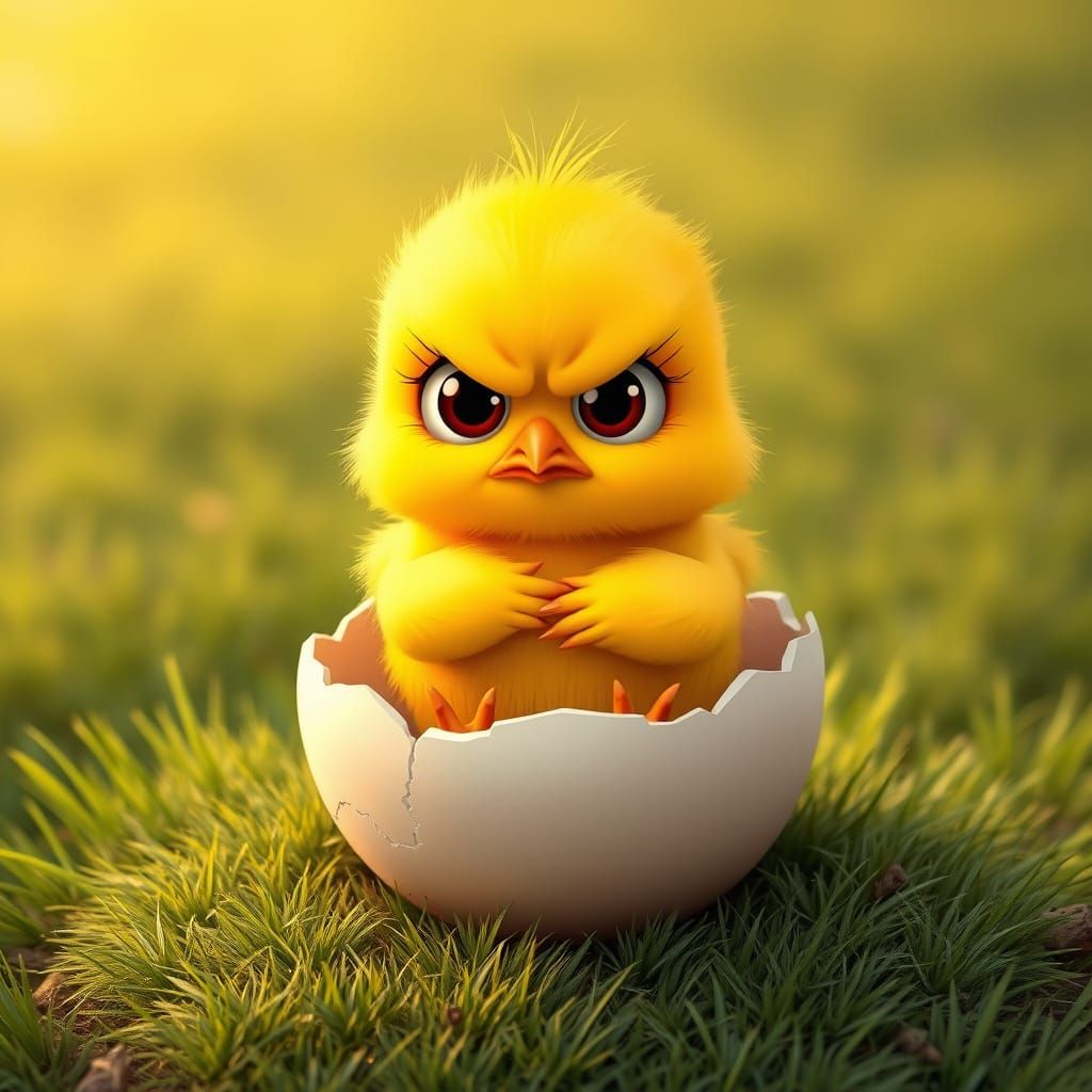 Grumpy Adorable Chick in Egg on Green Grass