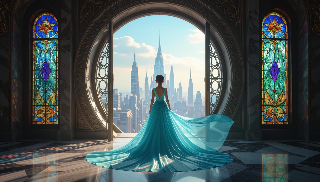 Ornate Window to Futuristic Cityscape with Elegant Girl
