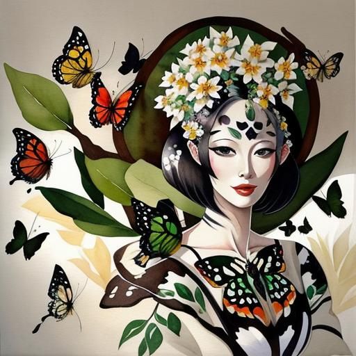 Watercolor Butterflies by the Water with Floral Hills