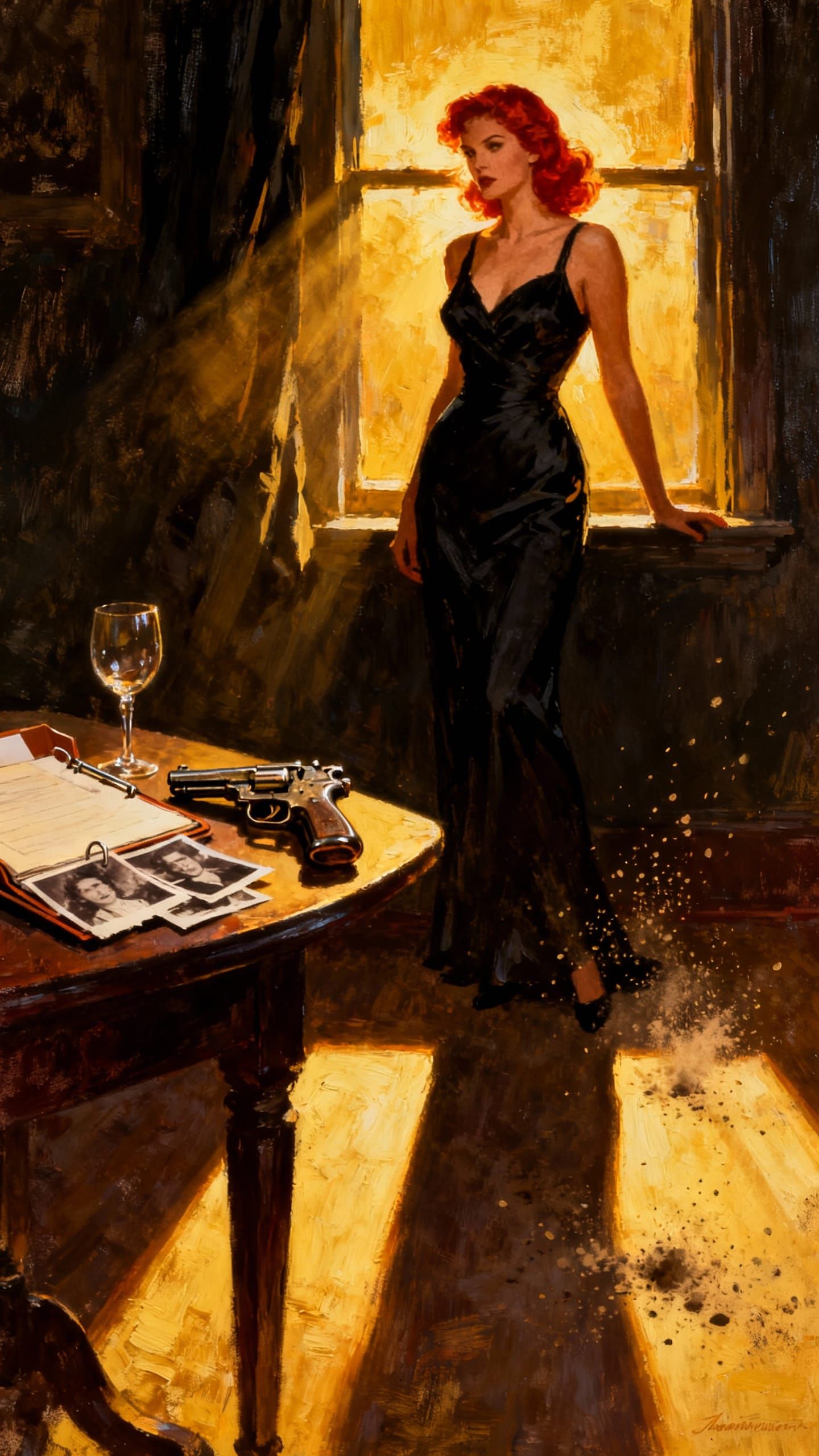 Redhead in Black Dress by Window with Handgun, Pulp Style