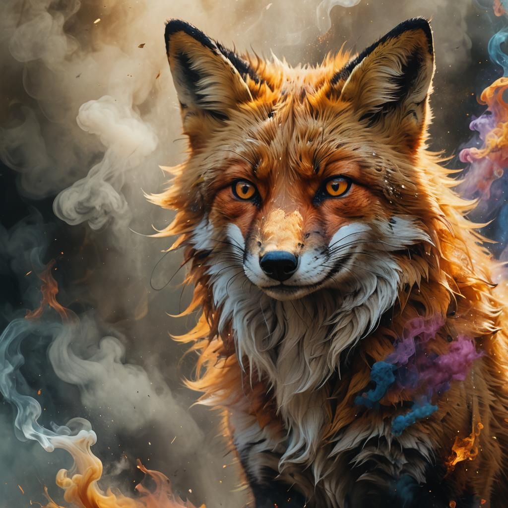Fox Fading into Smoke: A Digital Painting in Fantasy Style