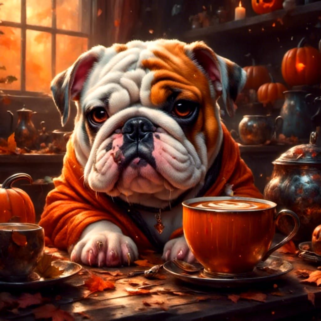 An cute adorable chibi pumpkin-english bulldog drinking a cup of mocha in the morning trying to wake up while looking at...