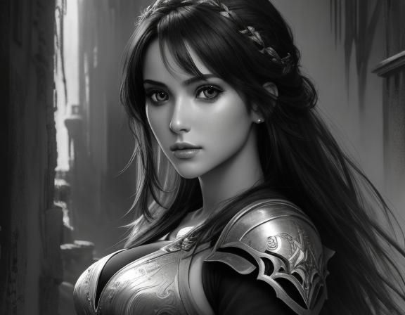 Detailed Grayscale Portrait of Female Swordsman