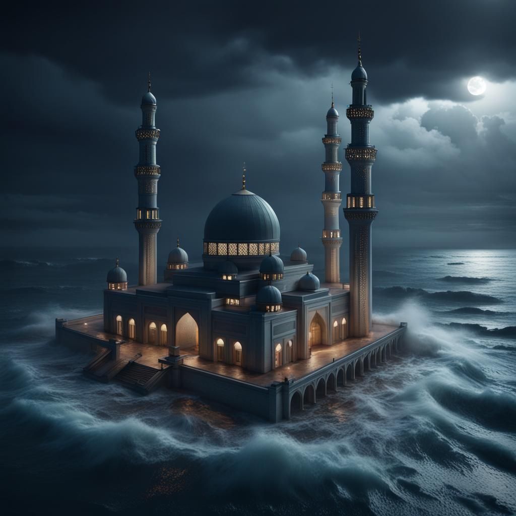 Hyperrealistic Mosque Between Ocean and Stormy Night