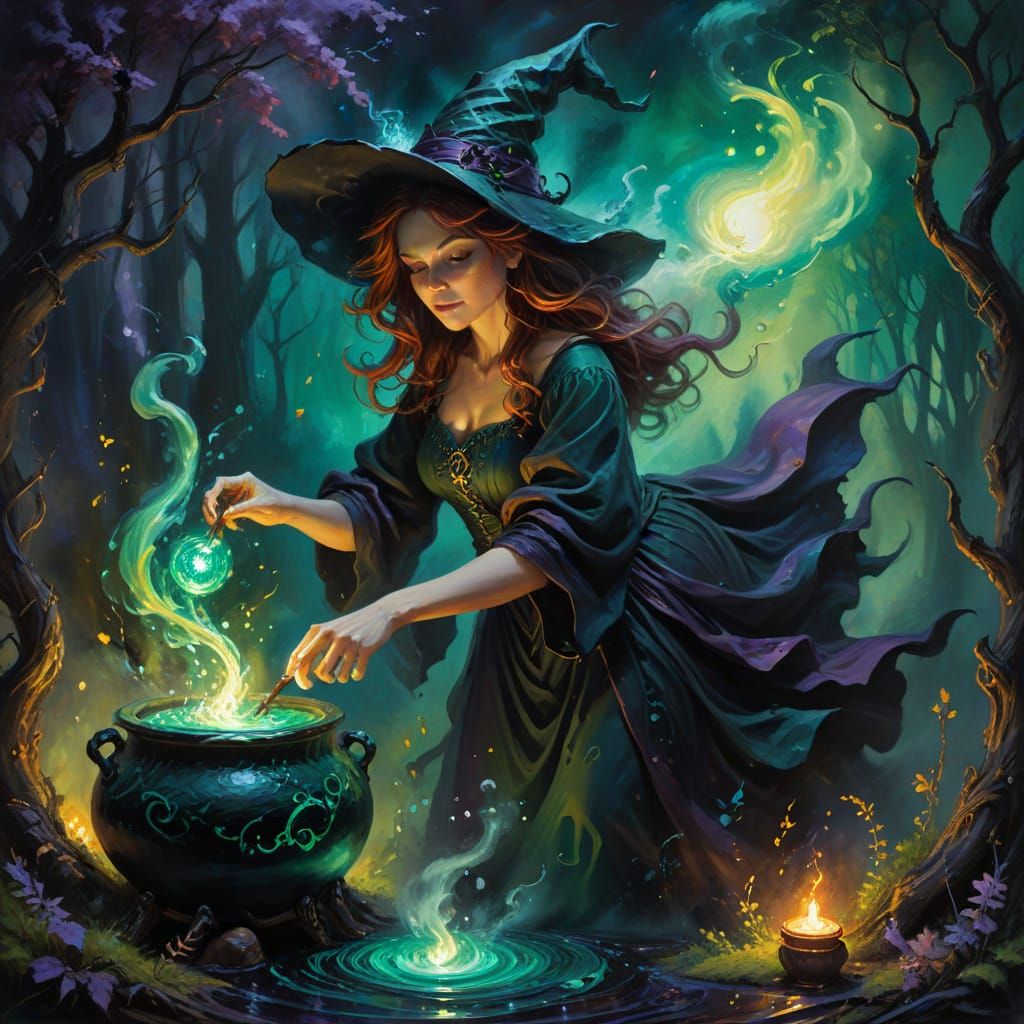 Witch Tending Luminous Potion in Enchanted Forest