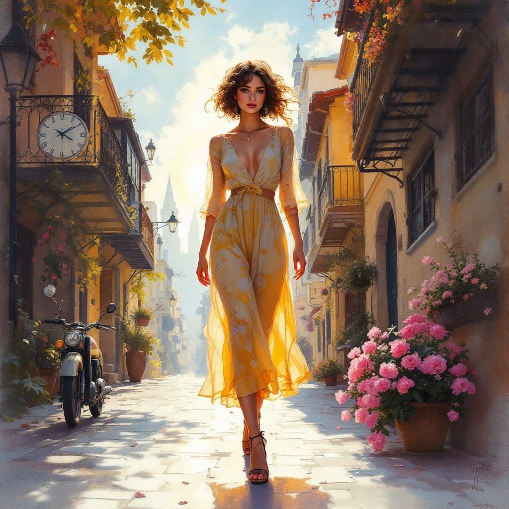 Woman in City Street, Watercolor Painting