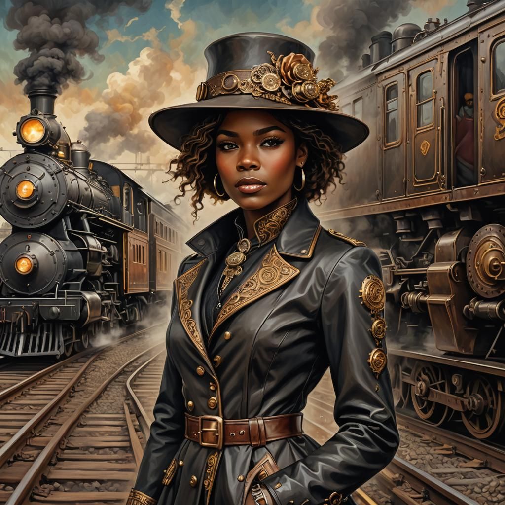 Melanin Woman in Steampunk Outfit with Train