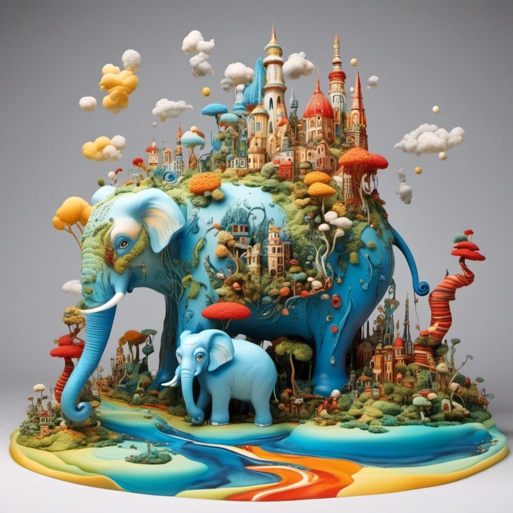 Surreal Elephant in Abstract 3D Dali Landscape