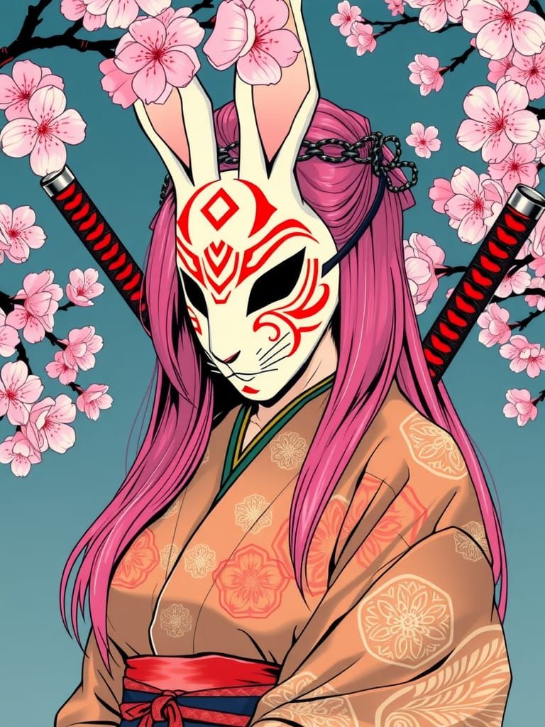 Warrior with Rabbit Kabuki Mask